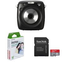 Fujifilm Instax Square SQ10 Hybrid Instant Camera with Fujifilm Instax Square Instant Film - 10 Exposures & SanDisk Ultra 32GB microSDHC UHS-I Card with Adapter, Grey/Red, Standard Packaging