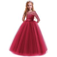 IBTOM CASTLE Spring Flower Girl Wedding Bridesmaid 3/4 Sleeves Kids Floral Lace Pageant Communion Princess Dress Prom Evening Dance Gown Burgundy 5-6 Years