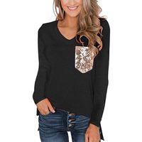 Women's Sequin Pocket Summer Tops Short Sleeves V Neck T Shirt Casual Basic Tees with Side Slits Black