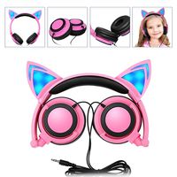 Cute Kids Headphones, Flashing Cat Ear Headset, Foldable LED Light Cosplay Earphones for Teens Girls Boys,Compatible for iPad Tablet Computer iPhone Android Mobile Phones(Pink)