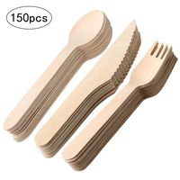 150 Pieces Disposable Wooden Cutlery Set, Eco-Friendly Cutlery Recyclable Ecofriendly Utensils ? 50x Forks 50x Knives 50x Spoons
