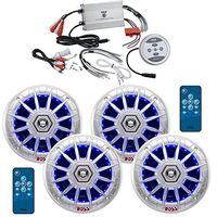 New Pyle PLMRMBT7S Silver Marine Boat Yacht 1200 Watt Amp Bluetooth Streming 4-Channel Amplifier System With 4 X Boss Audio 6.5" Inch Marine LED Light Silver Color Speakers - Outdoor Speakers