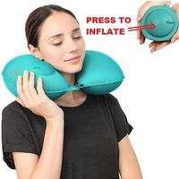 Bravetoshop Air Cushion Self-Inflating Button Travel Neck Pillow Inflatable Spine Alignment Pillow Airplane Car Train Pillow (Blue)