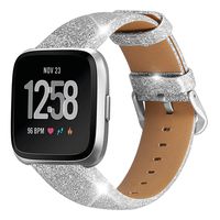 iHillon Compatible with Fitbit Versa/Versa 2/Versa Lite/SE Bands, Glittering Soft TPU Shiny Bling Genuine Leather Straps Quick Release Wristbands for Women Men, Glistening Silver