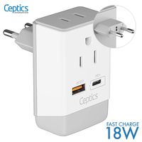 European Travel Power Plug Adapter QC 3.0 & PD by Ceptics, Safe Dual USB & USB-C - 2 USA Socket - Compact & Powerful - Use in Greece Italy Switzerland Turkey Portugal - Type C AP-9C - Fast Charging