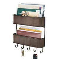 mDesign Wall Mount Metal Woven Mail Organizer Storage Basket - 2 Tiers, 6 Hooks - for Entryway, Mudroom, Hallway, Kitchen, Office - Holds Letters, Magazines, Coats, Leashes, Keys - Bronze
