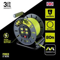 Masterplug 80ft Open Cord Reel with 4 120V / 13 amp Integrated Outlets and Thermal Overload Breaker