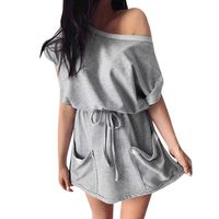 Wadonerful Women Sweatshirt Dress Cold Shoulder Long/Short Sleeve Lace-up Casual Mini Dress Pocket Oudoor Sport Dress (S, Gray)