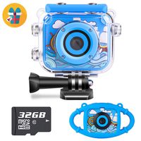 Waterproof Kids Camera Camcorder 12MP HD Kids Action Camera Video Recorder Underwater 32G SD Card - Birthday, Christmas, Festival Gifts for 4-12 Boys Girls (Blue + Silicone case)