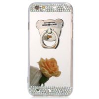 IKASEFU Luxury Crystal Rhinestone Soft Silicone Rubber Bumper Bling Diamond Glitter Mirror Makeup Case Cover with Bear Ring Stand Holder Compatible with iPhone 7 Plus 5.5" (Silver)