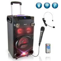 Pyle Outdoor Portable Wireless Bluetooth Karaoke PA Loud Speaker - 8'' Subwoofer Sound System with DJ Lights, Rechargeable Battery, FM Radio, USB/Micro SD Reader, Microphone, Remote, Black