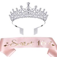 LAUMAY 16th Birthday Sash and Tiara Kit, Sweet Sixteen Birthday Gifts for Girls Party Supplies Favors Decorations (Pink)