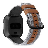 Jobese Compatible with Fitbit Versa/Versa 2/Versa Lite/SE, Classic Canvas Fabric Straps with Genuine Leather Replacement Accessories Wristbands with Silver Black Buckle, Men Women