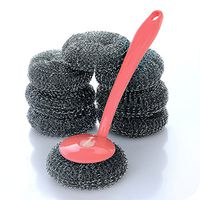 Liitrton Stainless Steel Scourer Replacable Scouring Pad Plastic Handle Brush with 8Pcs of Substitute Steel Wire Balls (Pink)