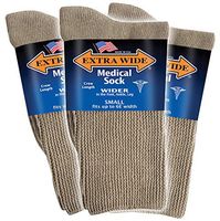 Extra Wide Men's Tan Medical (Diabetic) Mid Calf Crew Sock, Shoe Size 8-11 Up to 6E Wide 3PK, Antimicrobial, Made in USA
