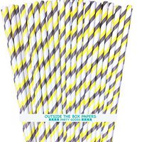 Striped Paper Straws - Yellow Gray White - 7.75 Inches - Pack of 100 - Outside the Box Papers Brand