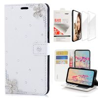 STENES Bling Wallet Case Compatible with iPhone 7 Plus/iPhone 8 Plus, 3D Handmade Flowers Design Leather Case with Wrist Strap & Screen Protector [2 Pack] - White