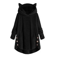 Sunhusing Ladies' Solid Color Plush Long Sleeve Casual Cat Ear Hoodie Button Decor Sports Sweatshirt Tops(Black,3XL)