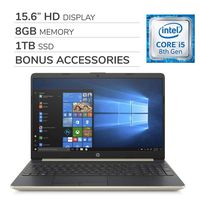 HP Pavilion 2019 Premium 15.6 HD Laptop Notebook Computer, 4-Core Intel i5-8265U 1.6 GHz, Intel UHD Graphics, 8GB RAM, 1TB SSD, No DVD, Webcam, Bluetooth, Wi-Fi, HDMI, Windows 10, Bonus Accessories