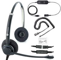 Professional Double Ear Headset with Noise Canceling Mic, USB and U10P Cable Works with Mitel, Polycom VVX, Nortel, Avaya Digital, Analog Deskphones and PC (Softphone) - Complete Solution