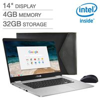 2019 ASUS C423NA Chromebook Laptop Computer, 14" FHD Thin and Light, Intel Celeron N3350 up to 2.4GHz, 4GB LPDDR4 RAM, 32GB eMMC, 802.11ac Wifi, Bluetooth, USB-C 3.1, Bonus Mouse and Sleeve, Chrome OS