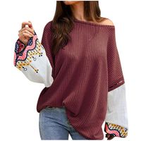 Creazrise Women's Casual Waffle Knit O-Neck Long Sleeve Patchwork Hollow Out T-Shirt Top Blouse Wine
