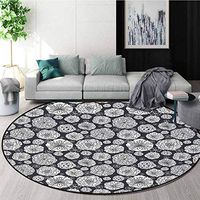 Floral Modern Washable Round Bath Mat,White Sketchy Hand Drawn Gardening Plants Big Dandelions Flowers Leaves Print Non-Slip Bathroom Soft Floor Mat Home Decor Diameter-31 Inch,Black and White