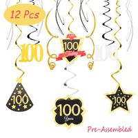 100 Birthday Decoration Happy 100th Birthday Party Silver Black Gold Foil Hanging Swirl Streamers I'm One hundred Years Old Today Birthday Hat Gold Star Ornament Party Present Supplies