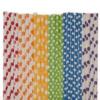 Biodegradable Paper Straws Mix, Rainbow, Red Orange Yellow Green Blue Purple, Polka Dot (50)