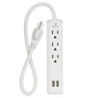 Globe Electric 3-Outlet USB Power Strip, 2x USB Ports, White Finish, 1.5ft Power Cord, 78084