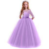 Spring Flower Girl Wedding Bridesmaid 3/4 Sleeves Kids Floral Lace Pageant Communion Princess Dress Prom Evening Dance Gown Purple 2-3 Years