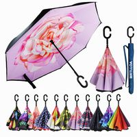 MRTLLOA Double Layer Inverted Umbrella with C-Shaped Handle, Anti-UV Waterproof Windproof Straight Umbrella for Car Rain Outdoor Use (N-Pink Rose)