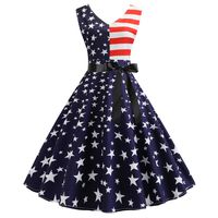 Franterd American 4th of July Dress Women's Star Stripe Splice Slim Fit Evening Cocktail Party Prom Swing Hepburn Dress