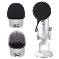 2pcs Professional Microphone Furry Windscreen Foam Wind Cover Muff + Pop Filter Shield Dual Layered Noise Reduction Compatible with Mic Blue Yeti & Blue Yeti Pro
