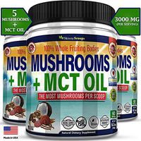 5 Mushrooms + MCT Oil Powder | Lions Mane, Chaga, Cordyceps, Reishi, Turkey Tail | 180grams | Mushroom Powder Supplement | by Skinny Scoops
