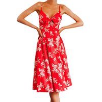 DEATU Women Boho Backless Printing Exceedingly Sexy Front Bowknot Long Dress Summer Sleeveless Beach Dress (XL, Red)