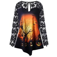RUIVE Women's Halloween Tops Pattern Print Long Lace Sleeve Patchwork Sweatshirt Ladies Asymmetrical Plus Size Blouse