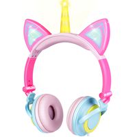 GBD Unicorn Kids Cat Ear Headphones for Girls Boys Toddlers Holiday Tablet School Supplies Gifts,Light Up Wired Adjustable Kids Pink Headphones Foldable Over On Ear Game Headset Travel Birthday Xmas