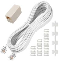 Phone Extension Cord 25 Feet, Phone Cable with Standard RJ11 Plug and 1 in-Line Couplers and 20 Cable Clip Holders, White