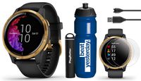 Garmin venu GPS Smartwatch (Black/Gold) Premium Gift Set Bundle | 2019 Model | +Garmin Water Bottle, HD Screen Protectors & PlayBetter Portable Charger | AMOLED, Spotify & Wrist-Based HR