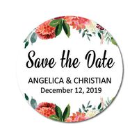 Darling Souvenir Round 45 Pcs Floral Border Save The Date Stickers Personalized Bride Groom Names and Date Envelope Seals - White