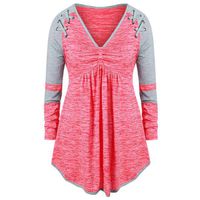 RUIVE Women's Plus Size Pullover V-Neck Patchwork Pleated Sweatshirt Grommet Ribbons Color Casual Tops Blouse Pink