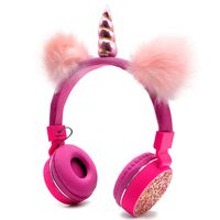 Bluetooth 5.0 Unicorns Headphones with Fluffy Cat Ears for Kids, Kids Headband Earphone Foldable Headset Rechargeable Support TF Card, FM, Aux in (Pink)