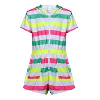 DAYU Girls Hooded Terry Romper Zip Fornt Swim Cover Up with Pockets, Colorful Stripes, 6-6X