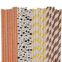 Designer Paper Straws (woodland fox-orange yellow brown black-chevron birch tree polka dot striped, 25)