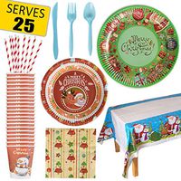 226 PCS Christmas Party Supplies Disposable Dinnerware Set Dinner Paper Plates Napkins Knives Spoons Forks Cups Straws Tablecloth Decoration, Serves 25