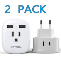 European Plug Adapter, Justcool International Travel Power Plug Adapter with 2-USB Ports 2 AC outlets for US to Most of Europe EU Spain Germany Iceland Italy (Type C) - White 2 Pack