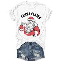 Christmas Shirts for Women's Christmas Santa Claws Short Sleeve Round Neck T Shirt Funny Christmas Graphic Tee Tops White