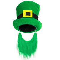 Cosweet St. Patrick's Day Parade Green Leprechaun Top Shamrock Hat and Beard- St. Patricks Day Velvet Green Top Hat and Beard for Mens and Womens Irish Party Costume Accessories