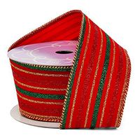 Christmas Glitter Striped Wired Ribbon - 2 1/2" x 10 Yards, Red, Green, Gold Edge Highlights, Holiday Decor, Bows, Wreath, Garland, Swag Decoration